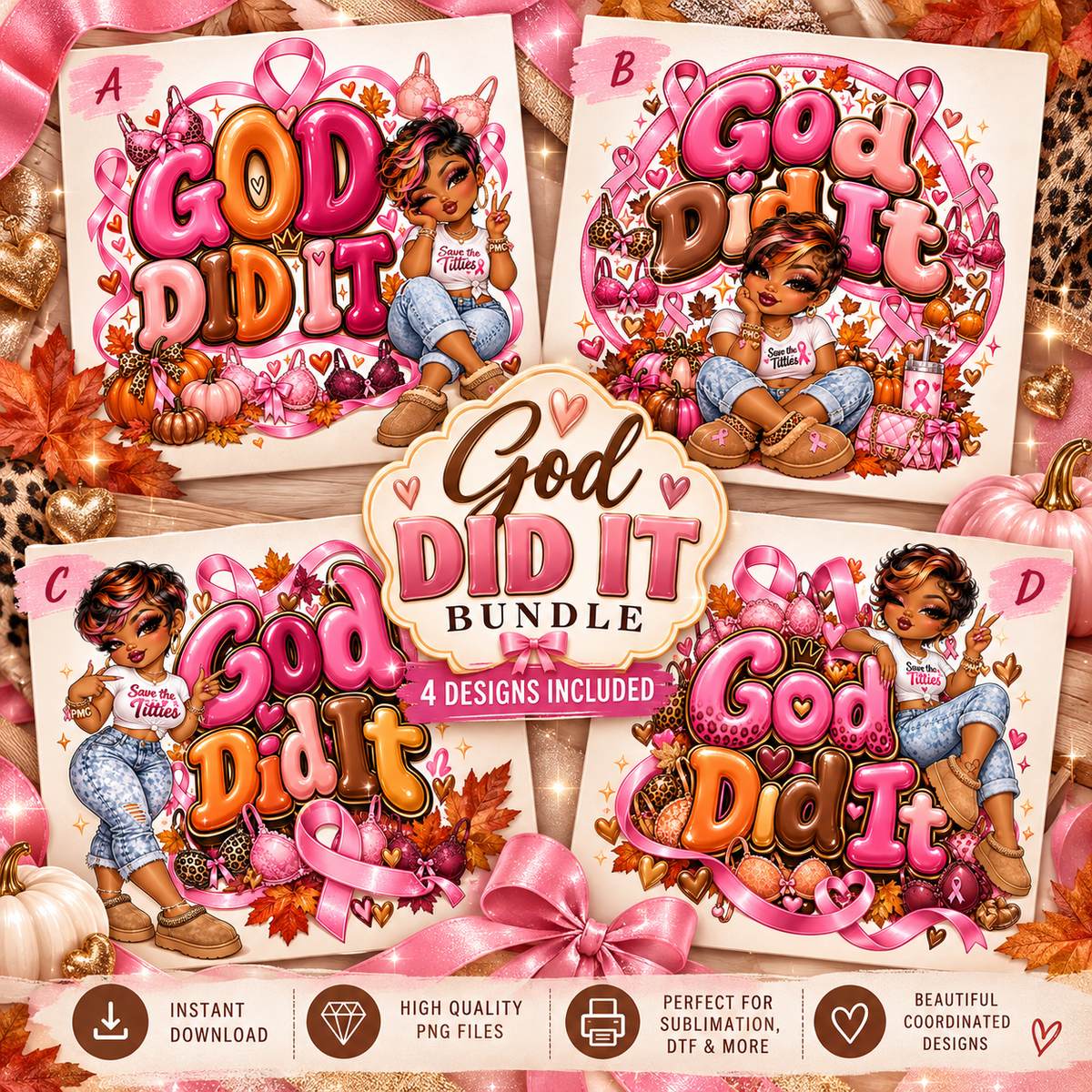 Breast Cancer Awareness PNG Bundle | 4 Designs + FREE Gang Sheet & 2 Bonus Designs