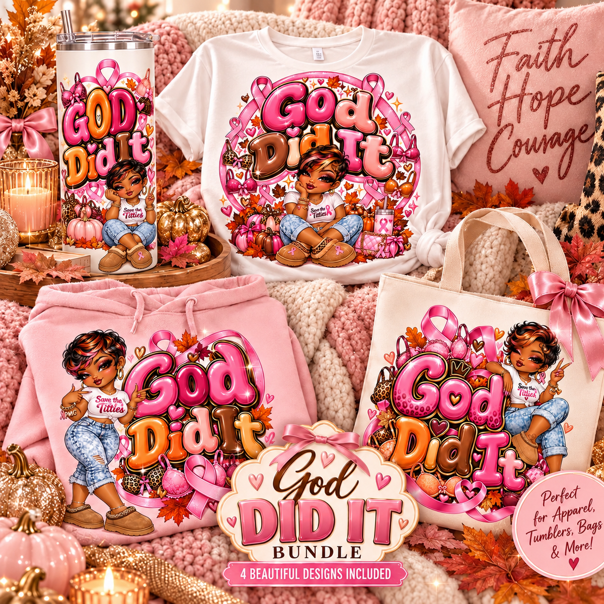 Breast Cancer Awareness PNG Bundle | 4 Designs + FREE Gang Sheet & 2 Bonus Designs