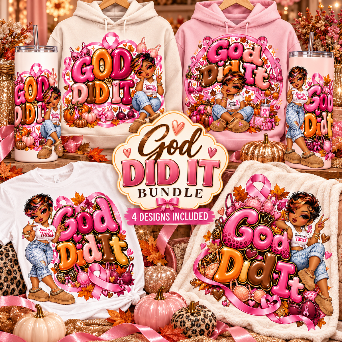 Breast Cancer Awareness PNG Bundle | 4 Designs + FREE Gang Sheet & 2 Bonus Designs