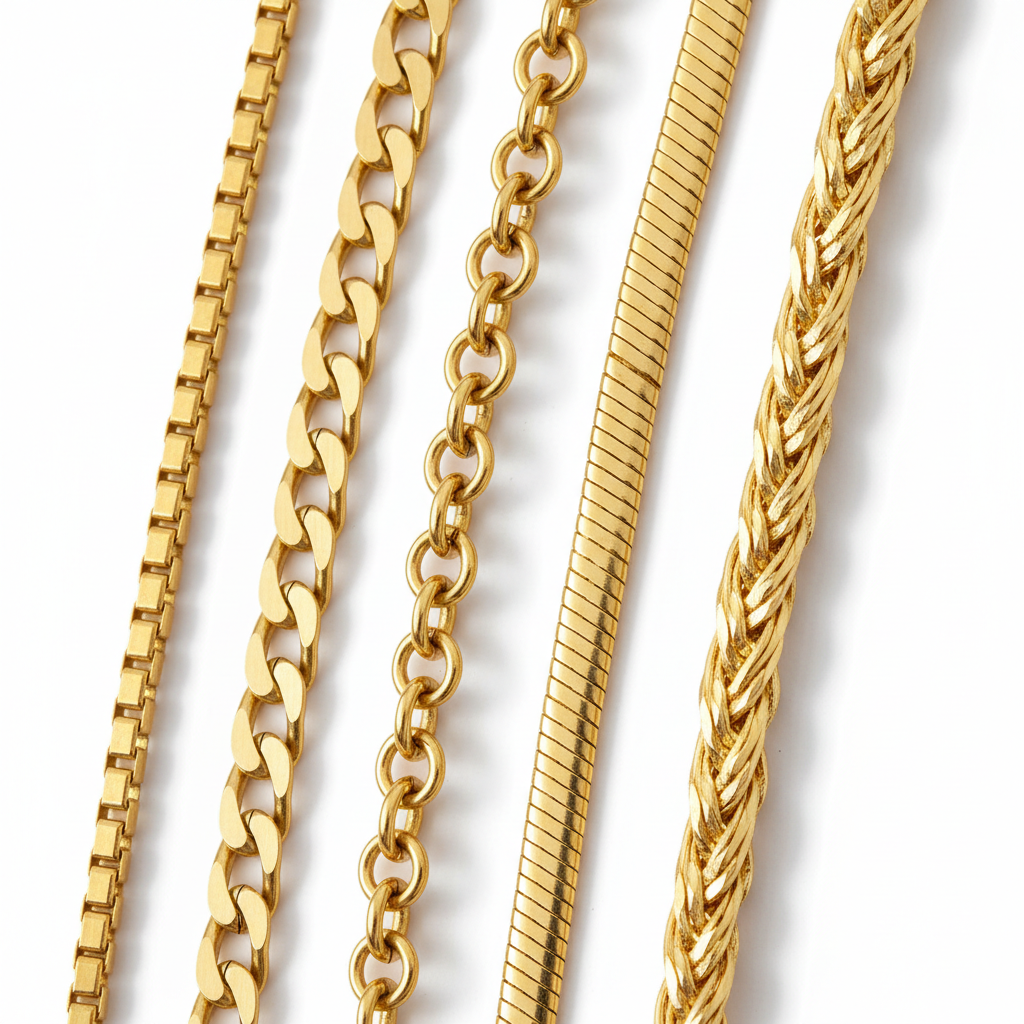 Close-up of various chain styles