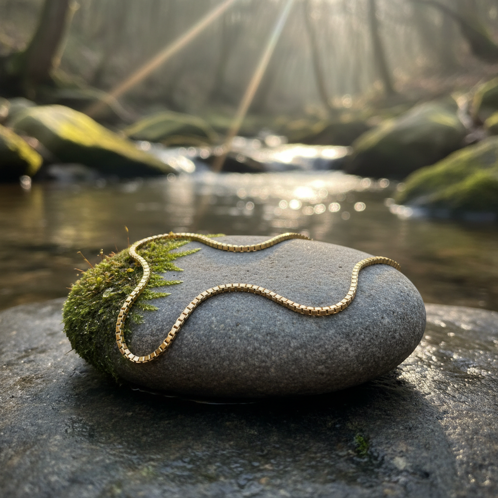 Delicate gold chain bracelet on river stone