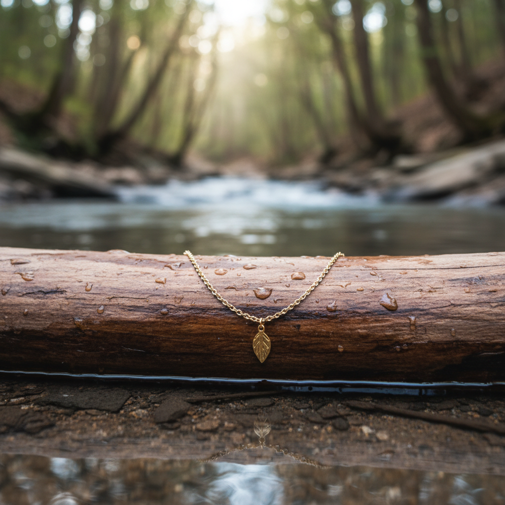 Gold anklet with creek background