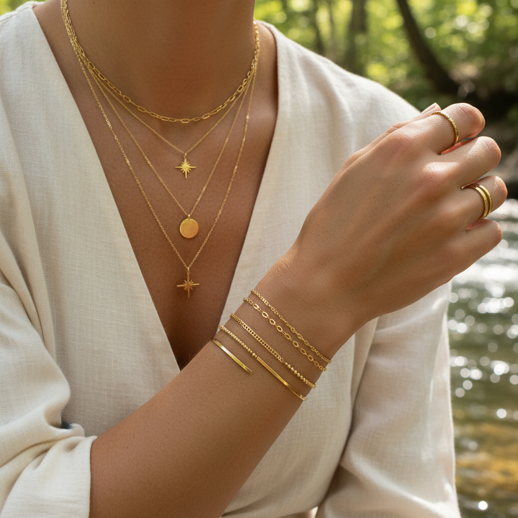 Layered gold chains lifestyle shot
